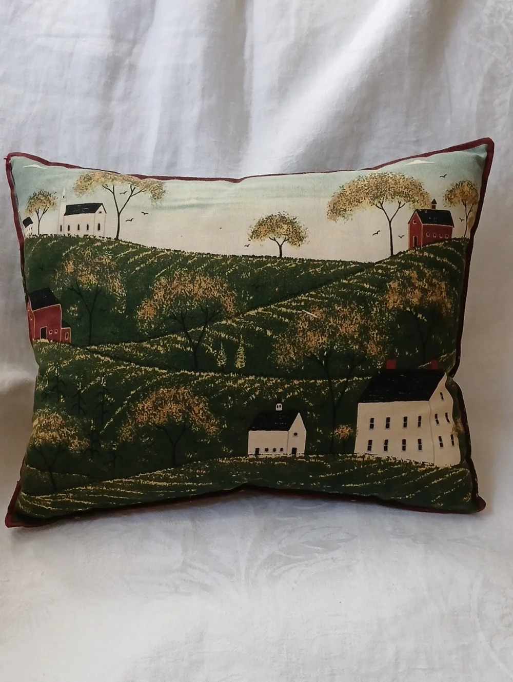 Decorative Small Throw Pillow Folk-Art Rolling Hills Countryside Village